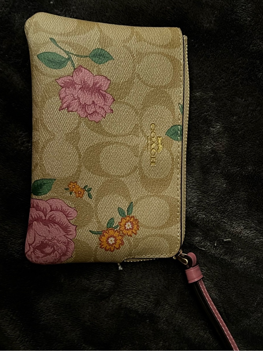 Coach Beige Floral Zip Wristlet with Pink and Green Accents